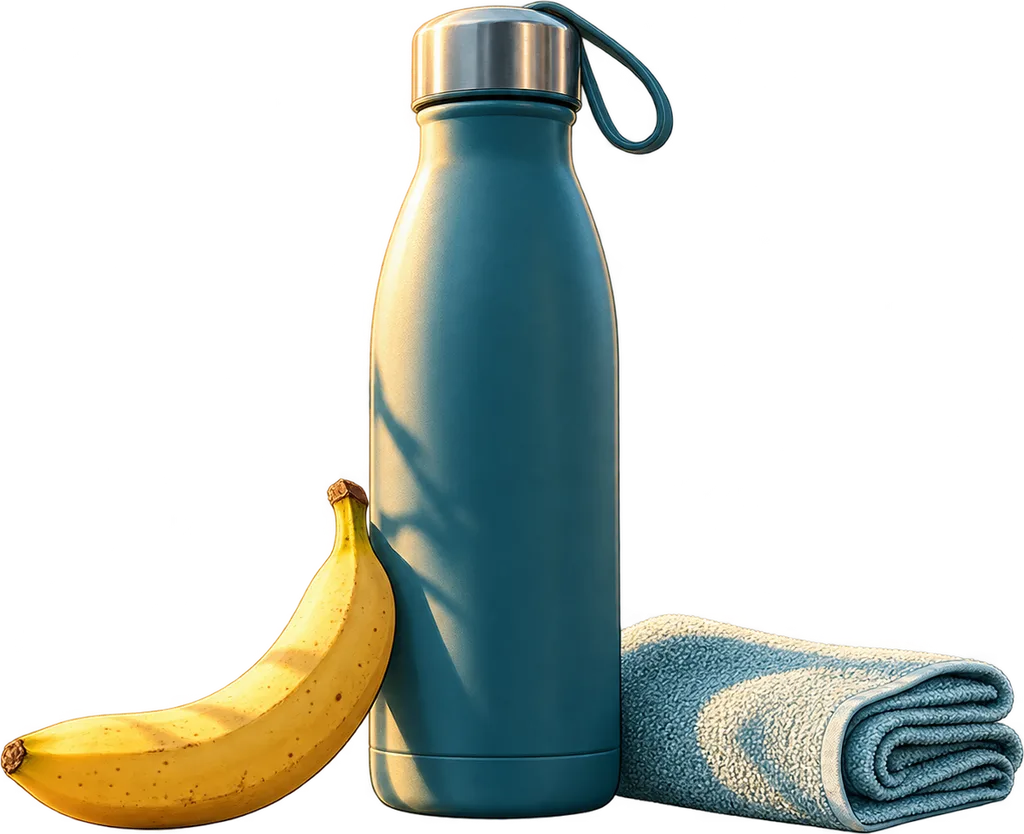 Une gourde posée sur la ligne de touche d'un terrain de sport, à côté d'un fruit et d'une serviette, en fin de journée.