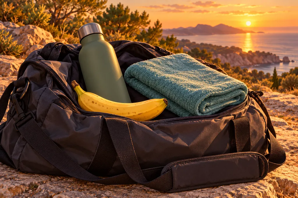 Banane, gourde et serviette posées sur un sac de sport après l'effort.